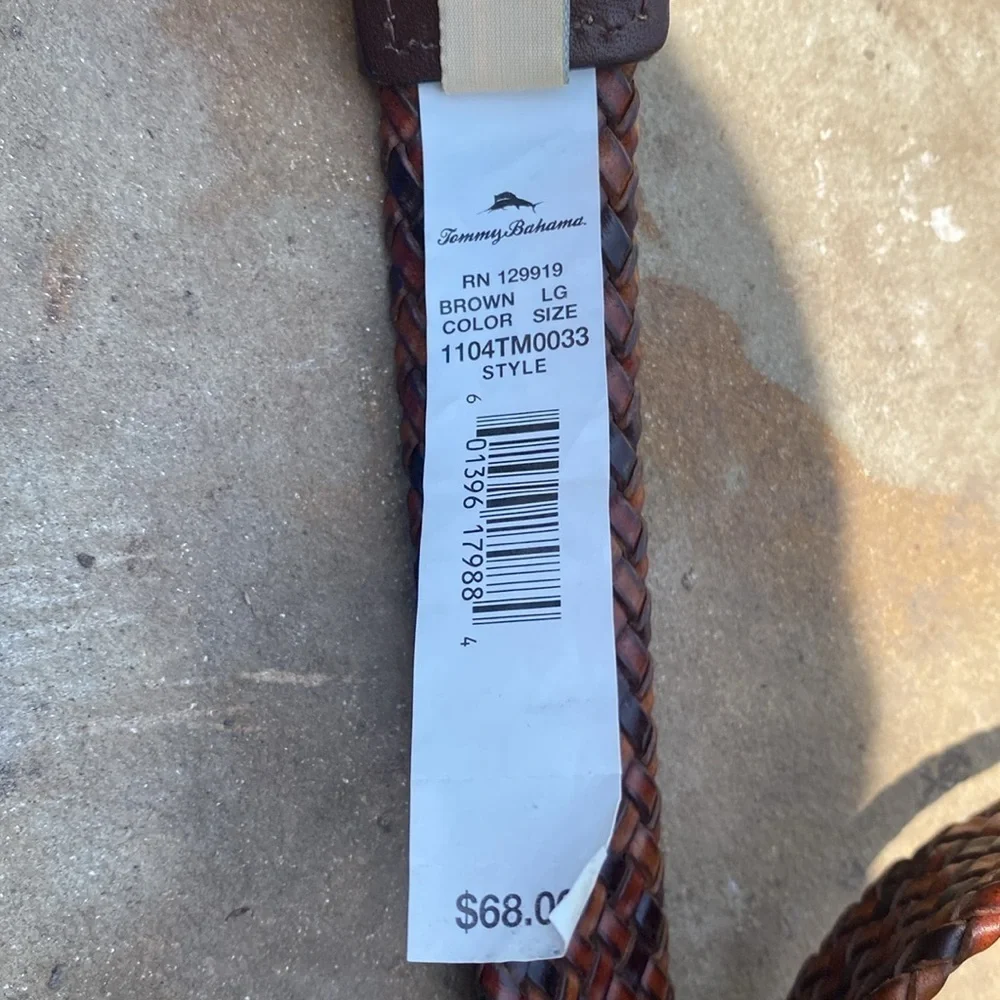 Tommy Bahama woven leather belt mens L rectangle buckle brown tones adjustable